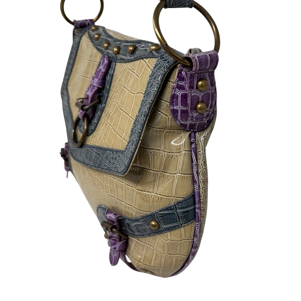 Handbag Green And Purple Faux Crocodile Pattern Shoulder Bag Snap Close - Picture 5 of 11